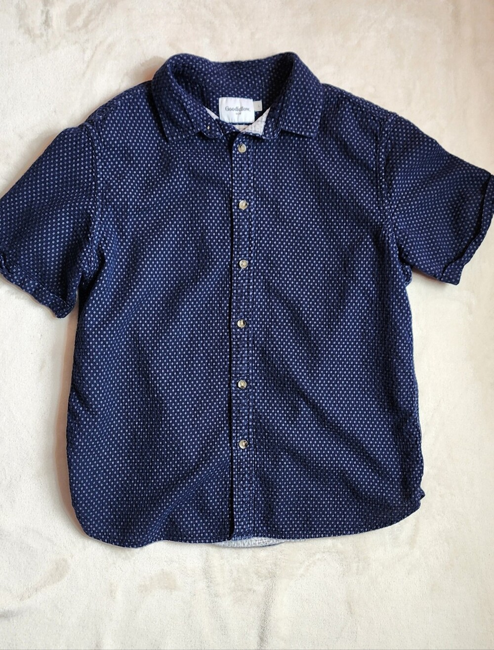 Navy & White Short-Sleeve Cotton Dot Button-Down Shirt Men's Large